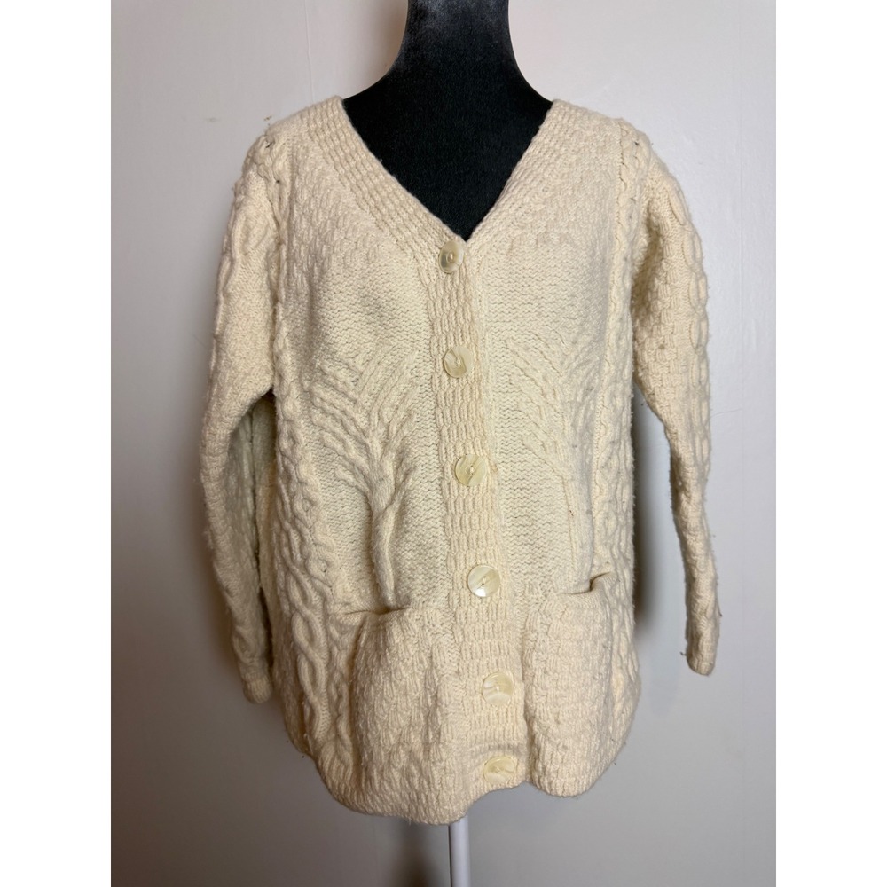 Vintage Hand Knit Wool Aran Cardigan Cream Cable Tree of Life Sweater fisherman